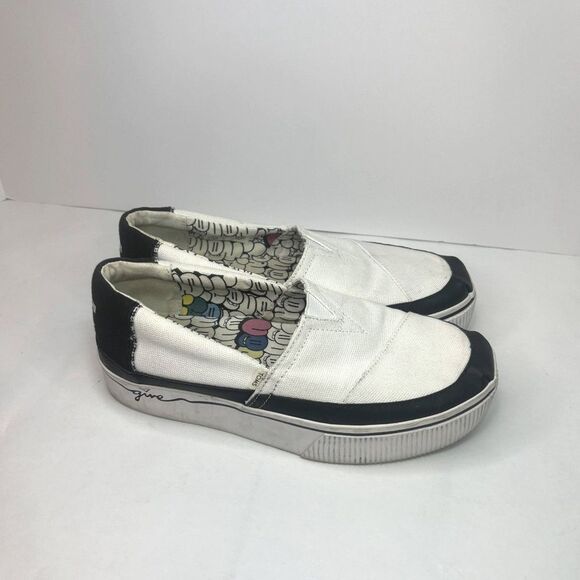 Toms Boardwalk Venice Canvas Platform Slip Ons Flats White Black Monogram Womens - Picture 1 of 10